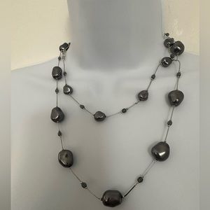 Black Faux Pearl, Silver Tone Chain Necklace Long